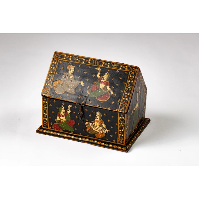 Vintage Rajasthani Indian Hand Painted Wood Jewelry Dowry Box For Sale - Image 9 of 13