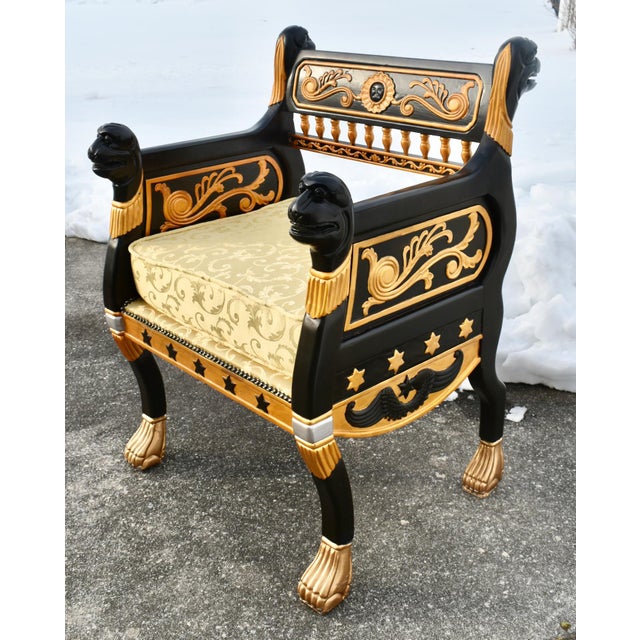 Black Vintage Ornate Egyptian Revival Black & Gold Chair W/Lion Heads For Sale - Image 8 of 12
