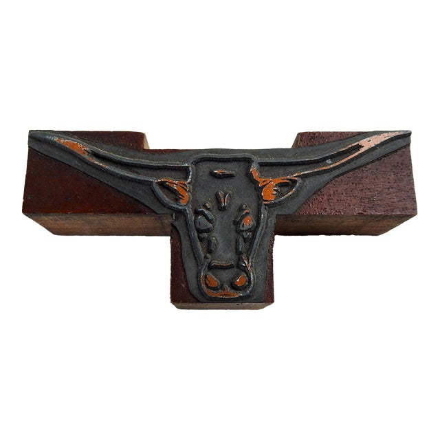 Vintage Metal and Wood Printing Block Longhorn Steer or Bull For Sale