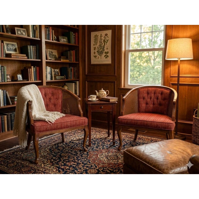 Brand: Hammary Furniture Offered is a striking pair of vintage barrel-back accent chairs hand-tailored by Hammary...