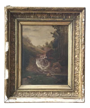 Waterfall, 19th Century, Oil on Wood, Framed
