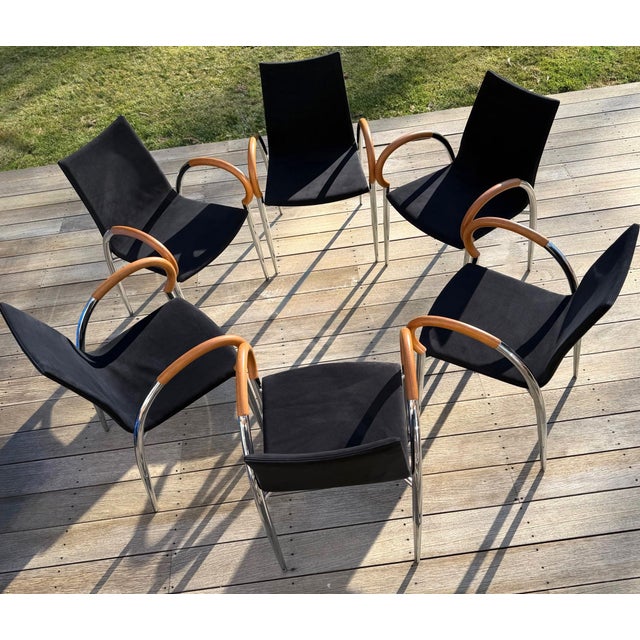 Set of 6 Dining Chairs in Black, Chrome and Wood For Sale - Image 18 of 18