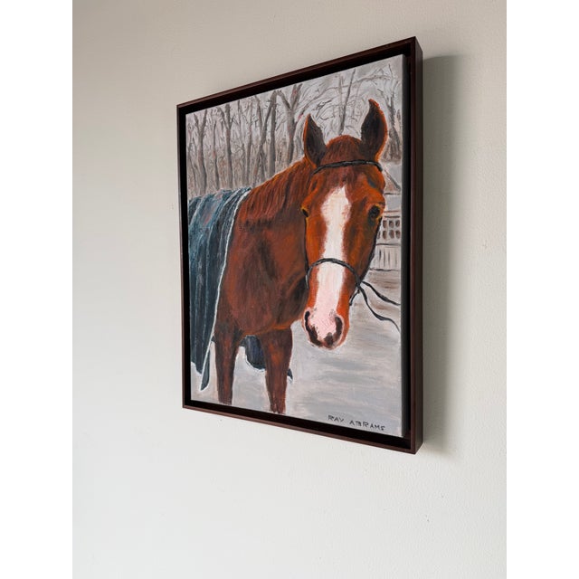 Beautiful signed Ray Abrams horse portrait oil on canvas painting featuring a warm horse set against a soft winter...