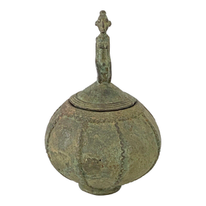 Vintage African Dogon Bronze Ceremonial Lidded Bowl W/ Seating Female Mali