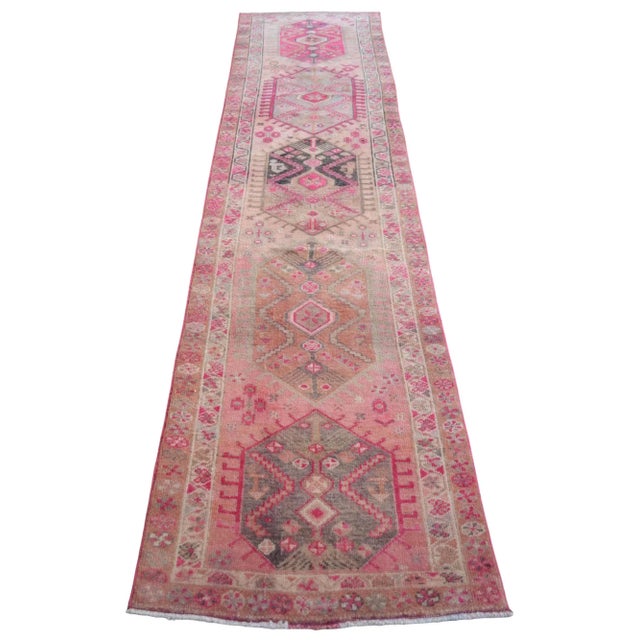 Hand-Knotted Distressed Turkish Runner Rug . Low Pile Full Tribal Design Runner Rug 2′9″ × 12′3″ For Sale - Image 4 of 12