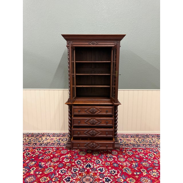 Antique French Bookcase & Chest of Drawers Display Cabinet Barley Twist Oak For Sale - Image 4 of 13