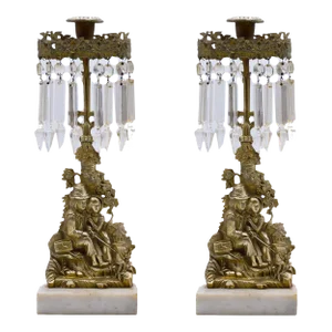 Vintage Marble Bronze 2 Piece Girandole Set Crystal Prisms Candleholders - a Pair
