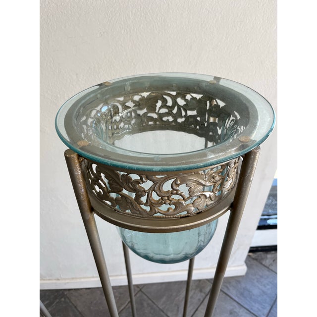 Silver Pair of Mexican Aqua Blown Glass Vessels on Decorative Tole Metal Plant Stands For Sale - Image 8 of 10