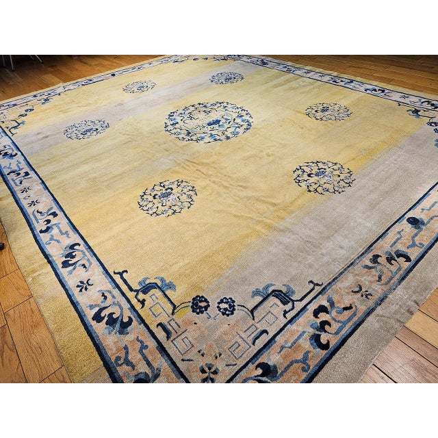 Art Deco Antique Chinese Peking Rug, Handwoven Ningxia Medallion Pattern, Pale Yellow, 13' X 16' For Sale - Image 3 of 15