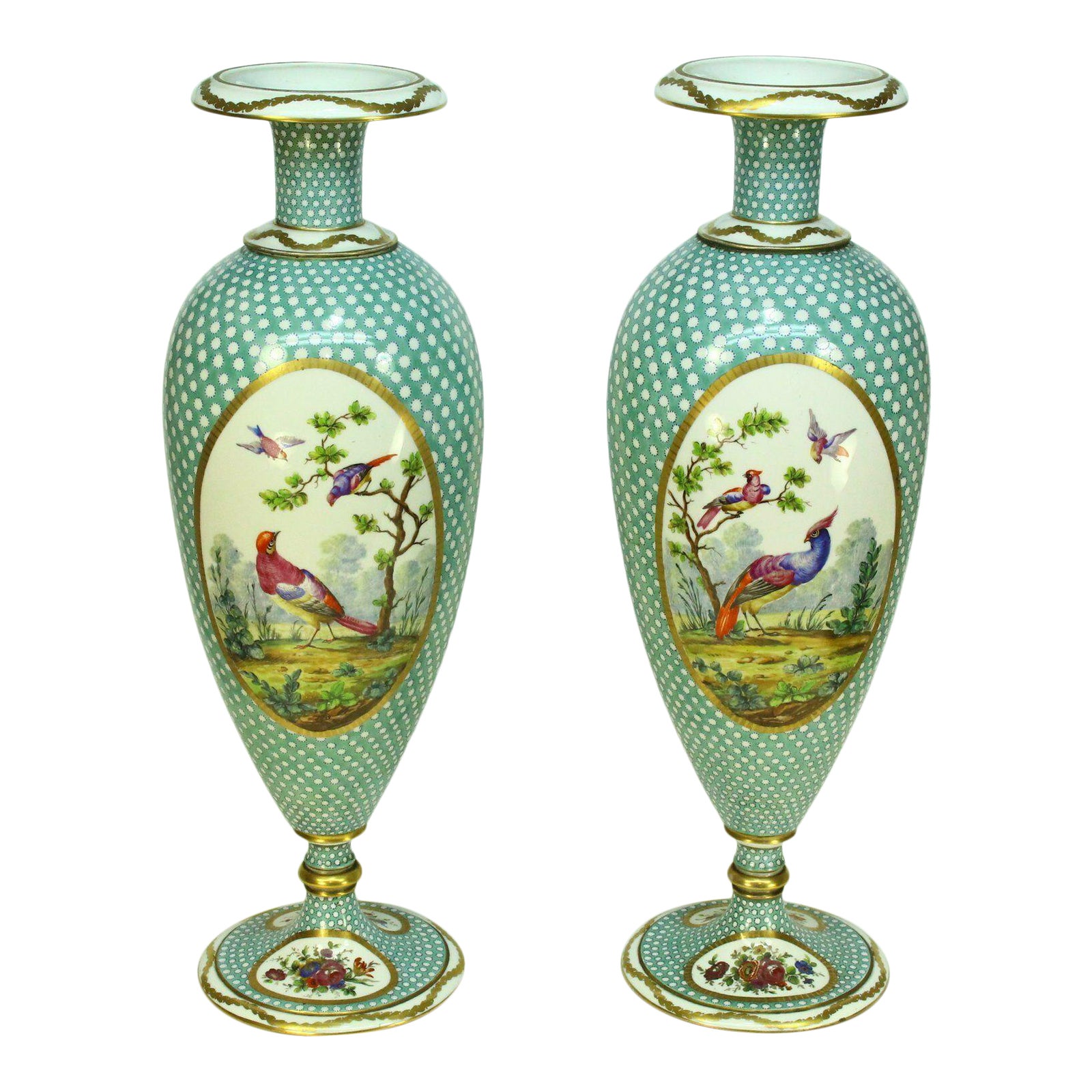 1800s Antique Limoges Hand Painted Porcelain Tall Vases 21" a Pair