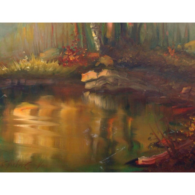 Mid 20th Century Forest and Pond at Sunset Landscape Painting by Charles Grove For Sale - Image 4 of 6
