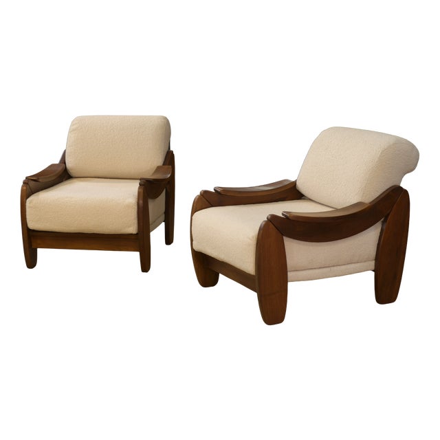 Brutalist Armchairs in Wood and Ecru Bouclé, 1970s, Set of 2 For Sale
