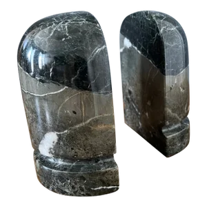 1980s Black & Charcoal Marble Bookends - a Pair