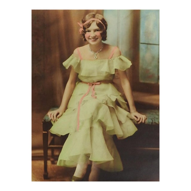 Vintage 1920's Hand Tinted Glamour Photograph Seated Young Woman Paris Texas For Sale