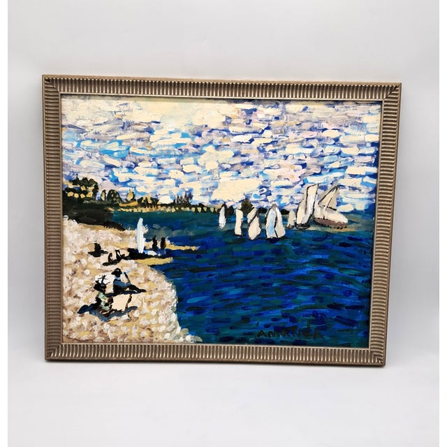 Hand-Painted Acrylic Impasto Seashore Painting With Sailboats and Black Beachgoers For Sale - Image 9 of 11