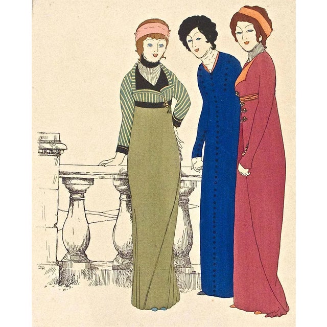 Pochoir. Signed on plate. One of the beautiful illustrations realized by Paul Iribe for ''Les Robes de Paul Poiret'' in...