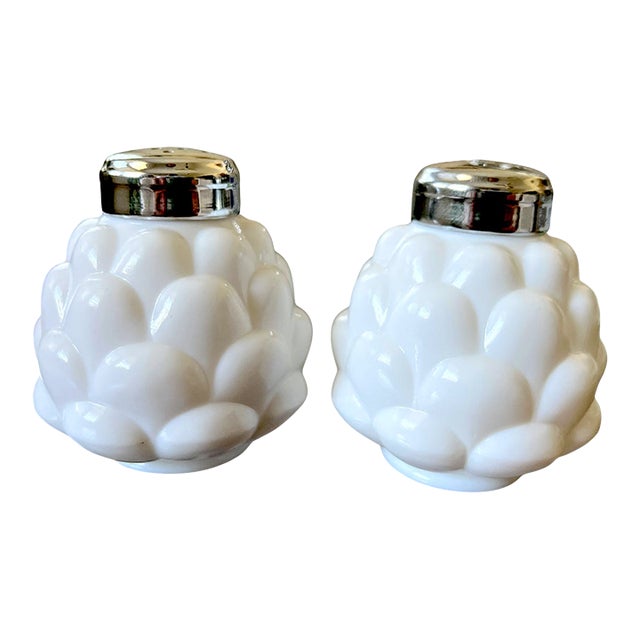 1940s White Milk Glass Artichoke-Form Salt & Pepper Shakers - Pair For Sale