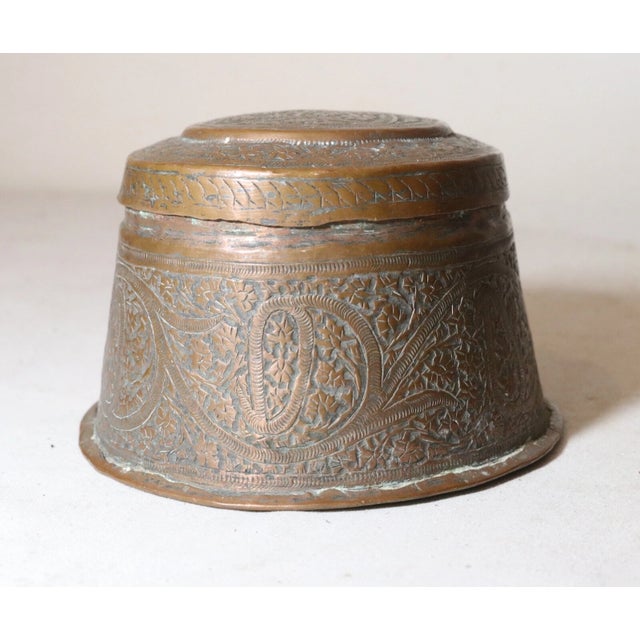 Asian Antique 1800's Hand Made Tooled Copper Middle Eastern Lidded Tobacco Jar Box Pot For Sale - Image 3 of 11