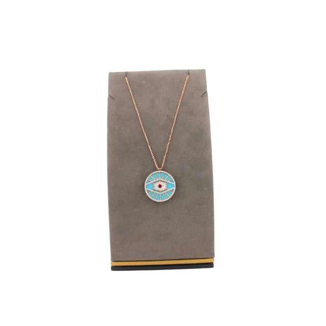 Diamond Halo Evil Eye Turquoise 18k Rose Gold Pendant Charm Medallion Necklace For Sale - Image 9 of 18