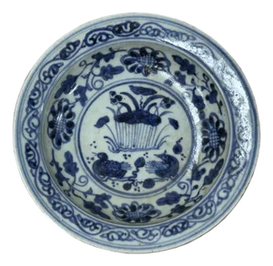 6.5" Handmade Porcelain Charger Plate Blue White Flower Birds Graphic