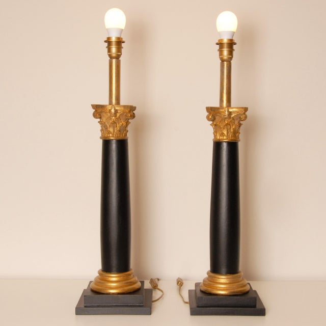 Vintage Italian Table Lamps Corinthian Column Lamps Black Gold Wood Hand Carved - A Pair For Sale - Image 9 of 9