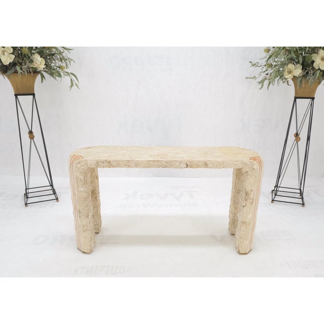 Tesselated Stone Marble Brass Inlaid Console Sofa Entry Hall Table with Mirror - Set of 2 For Sale - Image 6 of 12