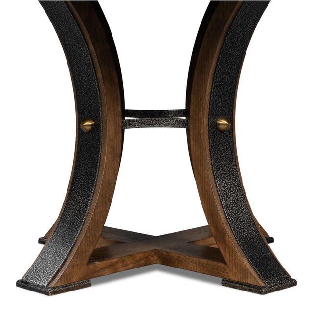 Transitional Round Dining Table, Medium - Light Brown Oak With Hammered Iron Accents For Sale - Image 10 of 11