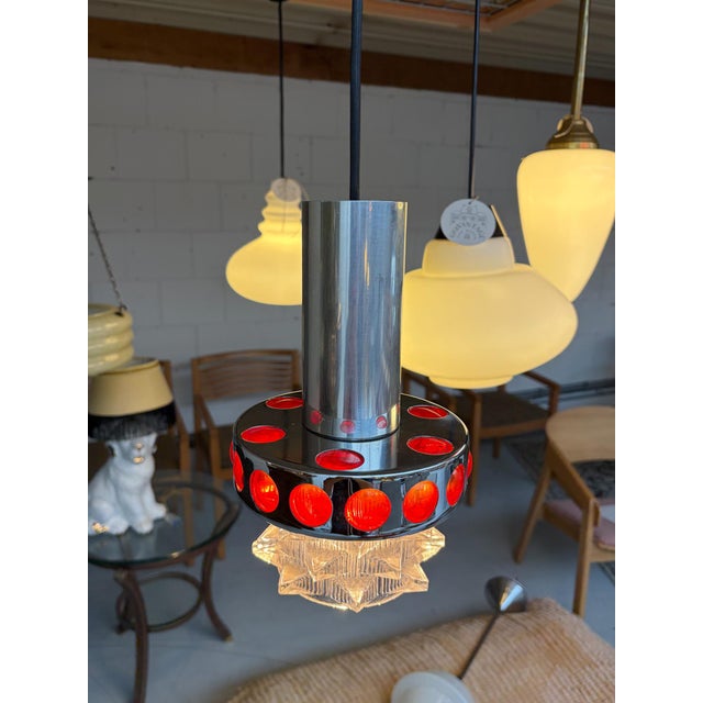 Chrome with Red Glass Ceiling Lamp attributed to Raak Design Team for Massive Lighting, 1960s For Sale - Image 11 of 12