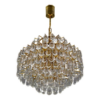 Mid-Century Crystal Glass and Gilded Brass Seven-Light Chandelier from Palwa For Sale