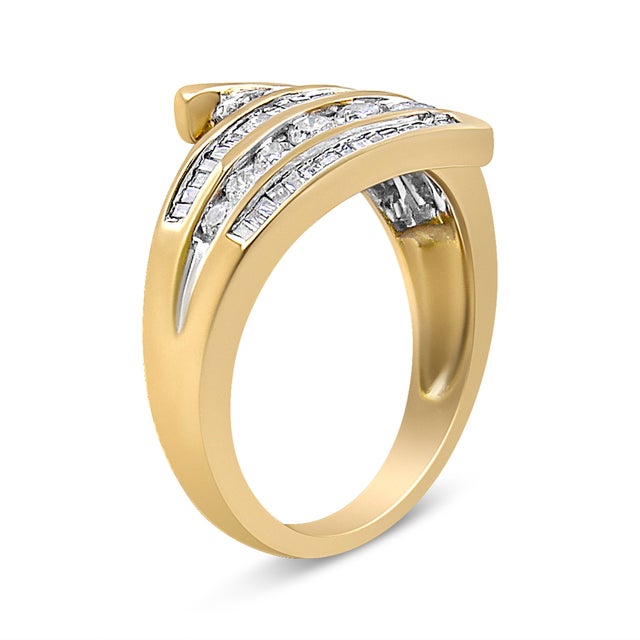Early 21st Century 10K Yellow Gold 1 Cttw Round and Baguette-Cut Diamond Multi Row Bypass Ring Band, Size 7 For Sale - Image 5 of 7