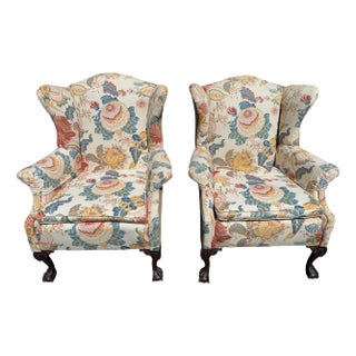 Mid 20th Century Dunbar Attributed Floral Upholstered Wingback Chairs - A Pair For Sale