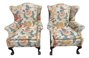 Mid 20th Century Dunbar Attributed Floral Upholstered Wingback Chairs - A Pair