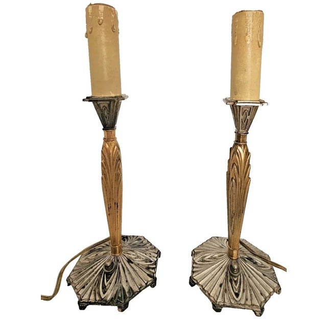 Pair of 1920s Art Deco Bronze Candle Lamps Skyscraper Base, Nickel & Gold Plated For Sale - Image 10 of 18
