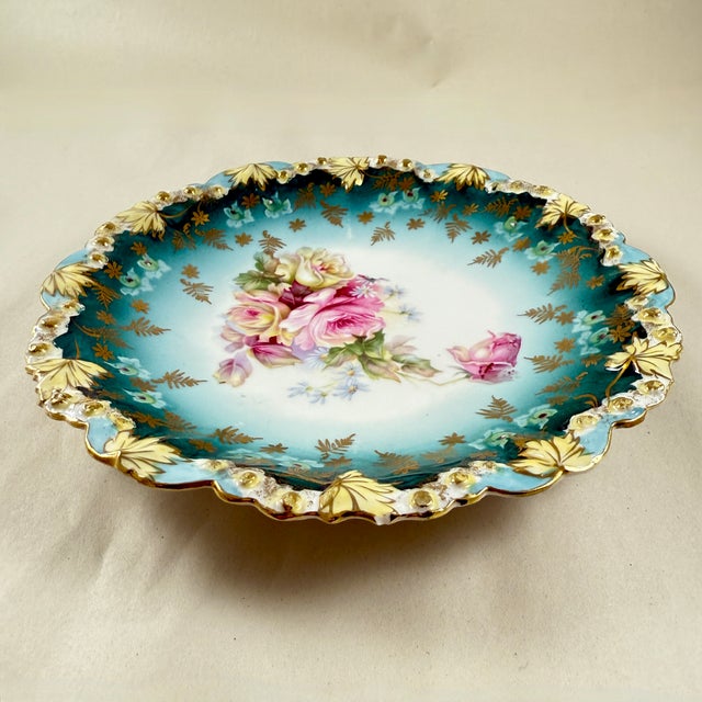 1900s Bohemia Porcelain Teal Blue Gilded Rose Plate For Sale In Philadelphia - Image 6 of 8