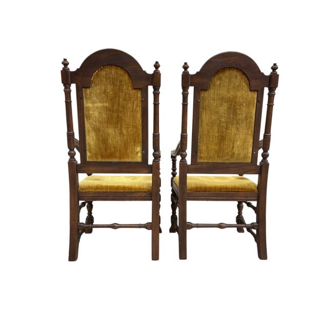 1980s Ethan Allen Jacobean Royal Charter Oak Dining Room Armchairs Gothic Pair For Sale - Image 11 of 15