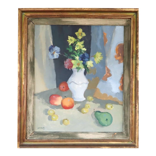 Mid-Century Modern 'Blossoms & Fruit' Vintage Swedish Expressive Still Life Oil Painting, Framed For Sale