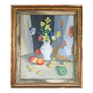 Mid-Century Modern 'Blossoms & Fruit' Vintage Swedish Expressive Still Life Oil Painting, Framed