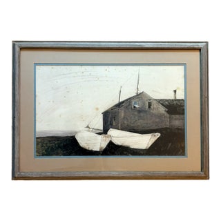 Vintage Andrew Wyeth the Sisters Framed Coastal Maine Dories Print Boat Art For Sale