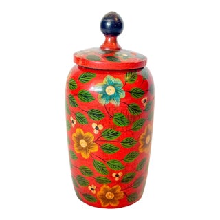 Vintage Wooden Hand Painted Floral Jar With Lid For Sale