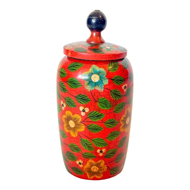Vintage Wooden Hand Painted Floral Jar With Lid For Sale