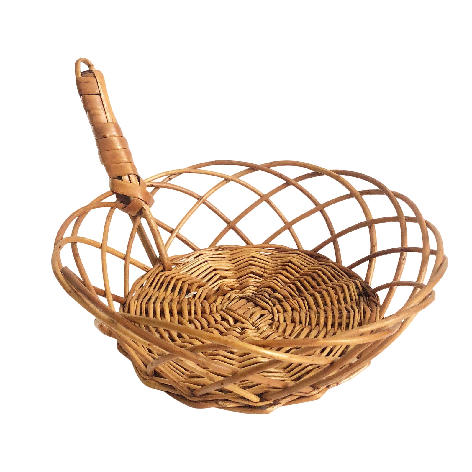 Vintage Round Woven Rattan Tray With Handle | Chairish