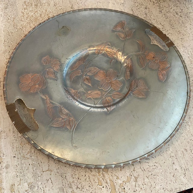 Silver Mid 20th Century Large Aluminum and Rattan Decorative Floral Motif Serving Tray For Sale - Image 8 of 10