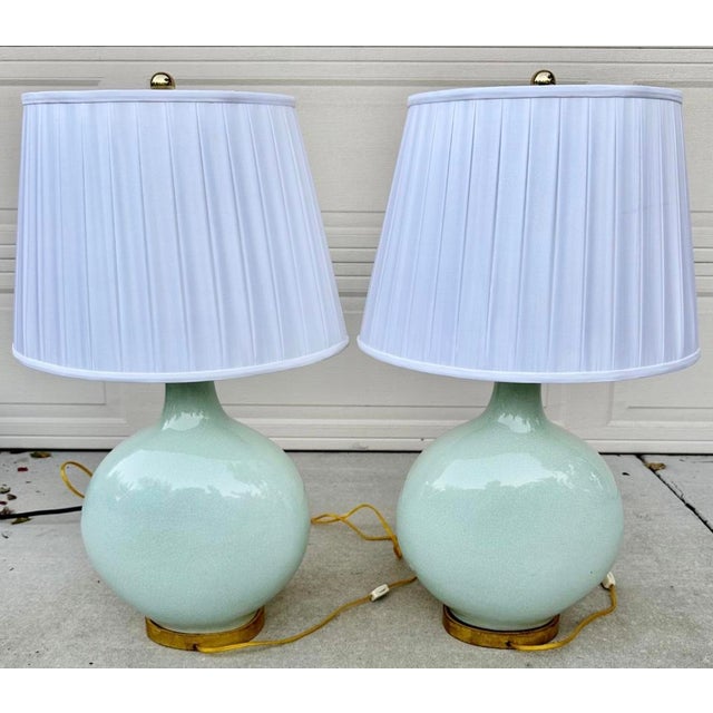 Mid 20th Century Mid 20th Century F. Schumacher & Co. Large Celadon Green Porcelain Table Lamps - a Pair For Sale - Image 5 of 18