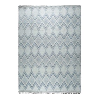 9x12 Blue Hand-Knotted Wool Diamond Chevron Geometric Modern Carpet Rug For Sale