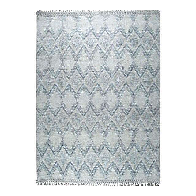 9x12 Blue Hand-Knotted Wool Diamond Chevron Geometric Modern Carpet Rug For Sale