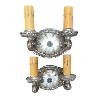 Pair Old Silver Plate Cast Iron and Brass Sconces, Circa 1920 For Sale
