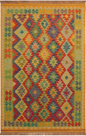 1990s Shabby Chic Tribal Gold/Red Hand-Woven Kilim Wool Rug -4'10 X 6'10