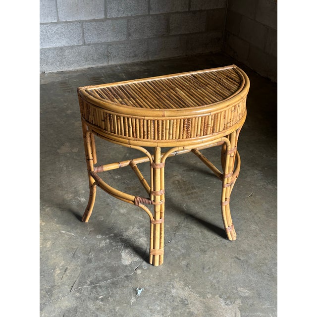Ficks Reed 1970s Burnt Bamboo and Rattan Demilune Console Table For Sale - Image 4 of 12