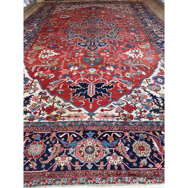 Antique Persian Serapi Carpet Handmade Wool Oriental Rug, Red, Ivory, Light Blue For Sale - Image 4 of 18