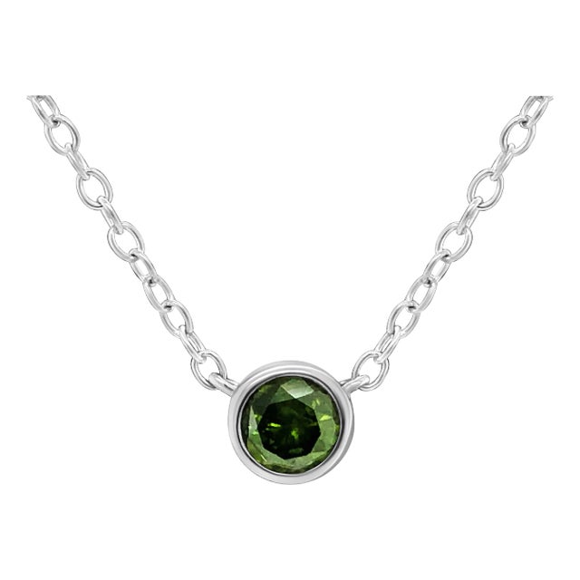 .925 Sterling Silver 1/5 Cttw Treated Green Diamond Solitaire Bezel 18" Pendant Necklace For Sale